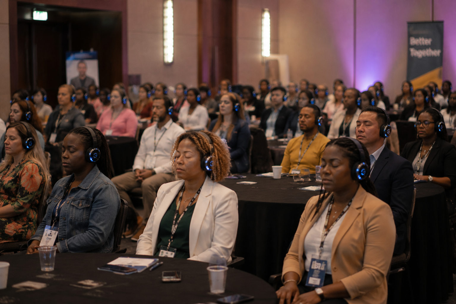Conference audience in a guided Inner Audit listening session wearing wireless headphones